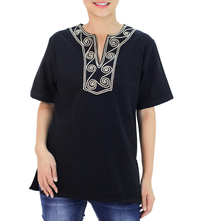 Cotton blouse, 'Black Jasmine' - Handcrafted Cotton Blouse