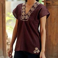 Cotton blouse, 'Mahogany Melody' - Handcrafted Short Sleeve Brown Tunic