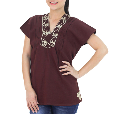 Cotton blouse, 'Mahogany Melody' - Handcrafted Short Sleeve Brown Tunic