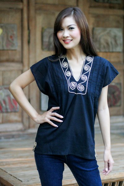 Cotton blouse, 'Ebony Melody' - Hand Made Cotton Tunic