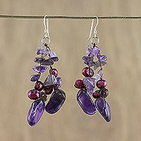 Pearl and rose quartz dangle earrings, 'Diva' - Amethyst and Pearl Dangle Earrings