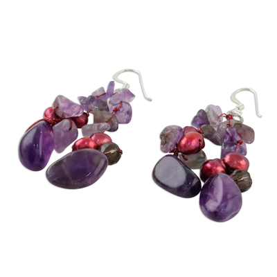 Pearl and rose quartz dangle earrings, 'Diva' - Amethyst and Pearl Dangle Earrings