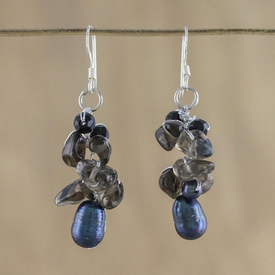 Pearl and smoky quartz cluster earrings, 'Surreal' - Smoky Quartz and Pearl Cluster Earrings