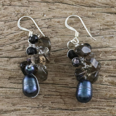 Pearl and smoky quartz cluster earrings, 'Surreal' - Smoky Quartz and Pearl Cluster Earrings