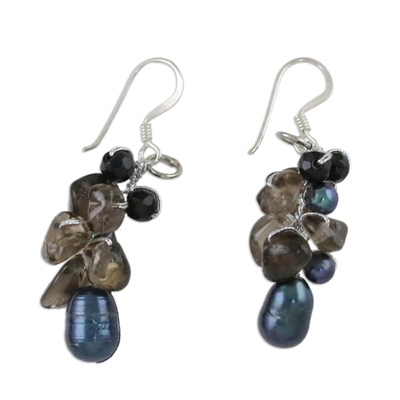 Pendientes cluster de perlas y cuarzos ahumados - Aretes de racimo de perlas y cuarzo ahumados