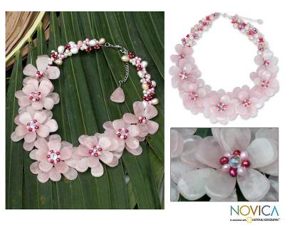 Pearl and rose quartz choker, 'Rose Aurora' - Handmade Quartz and Pearl Flower Necklace
