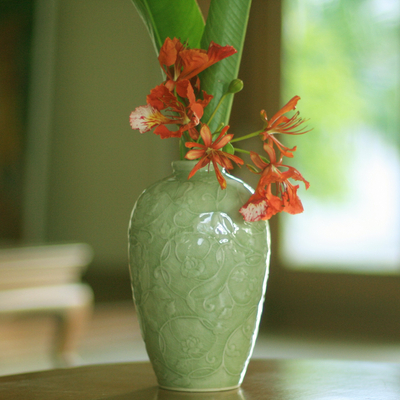 Celadon ceramic vase, 'Wildflower' - Fair Trade Green Celadon Ceramic Vase
