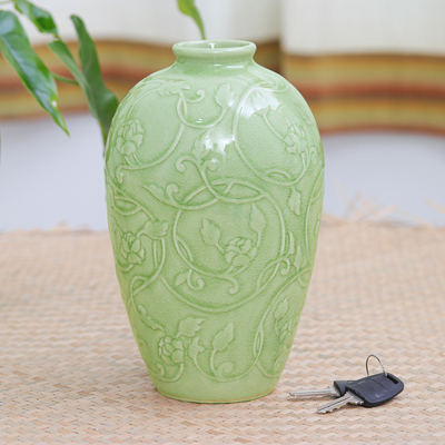 Celadon ceramic vase, 'Wildflower' - Fair Trade Green Celadon Ceramic Vase