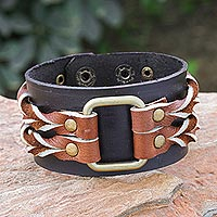 Men's leather wristband bracelet, 'Twin Braids' - Men's leather wristband bracelet