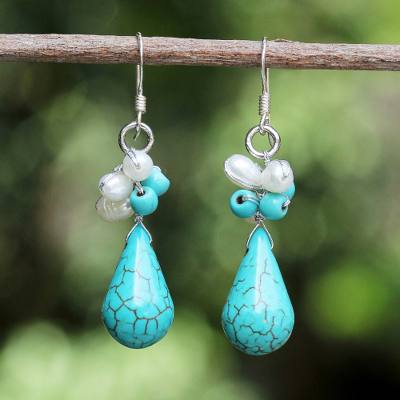 Pearl cluster earrings, 'Tropic Blue' - Hand Made Turquoise coloured Dangle Earrings