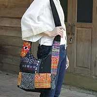 Cotton sling tote bag, 'Hmong Colors' - Cotton sling tote bag