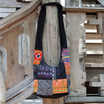 Cotton sling tote bag, 'Hmong Colors' - Cotton sling tote bag