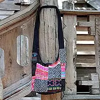 Cotton sling tote bag, 'Hmong Tradition' - Handcrafted Hill Tribe Patchwork Sling Bag