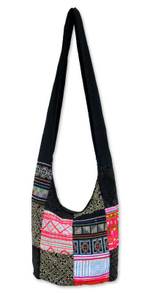 Cotton sling tote bag, 'Hmong Tradition' - Handcrafted Hill Tribe Patchwork Sling Bag