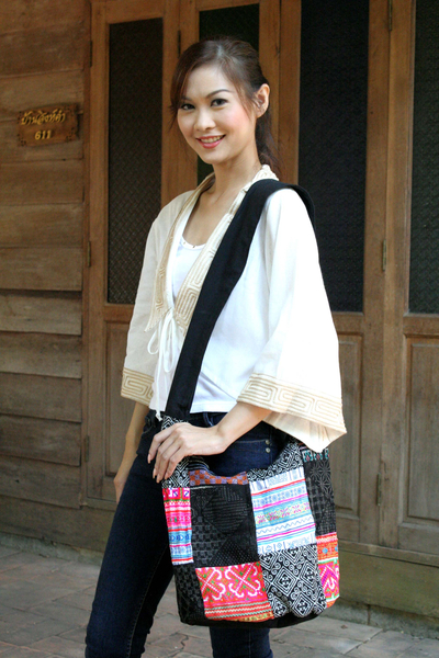 Cotton sling tote bag, 'Hmong Tradition' - Handcrafted Hill Tribe Patchwork Sling Bag