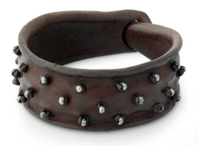 Leather wristband bracelet, 'Hill Tribe Glam' - Women's Silver and Leather Wristband Bracelet