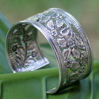 Sterling silver cuff bracelet, 'Jungle Flower' - Thai Floral Sterling Silver Cuff Bracelet