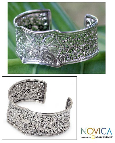 Sterling silver cuff bracelet, 'Floral Village' - Hand Made Floral Sterling Silver Cuff Bracelet