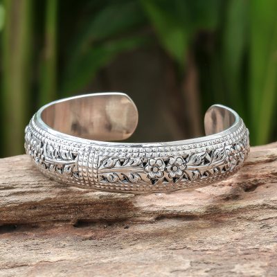 Sterling silver cuff bracelet, 'Ivy Garland' - Artisan Crafted Floral Sterling Silver Cuff Bracelet