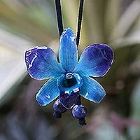 Natural orchid and sodalite long necklace, 'Midnight Blue' - Natural Flower Lariat Necklace