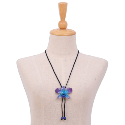 Natural orchid and sodalite long necklace, 'Midnight Blue' - Natural Flower Lariat Necklace