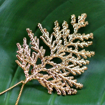 Natural leaf gold-plated pendant necklace, 'Cypress Honor' - Natural leaf gold-plated pendant necklace