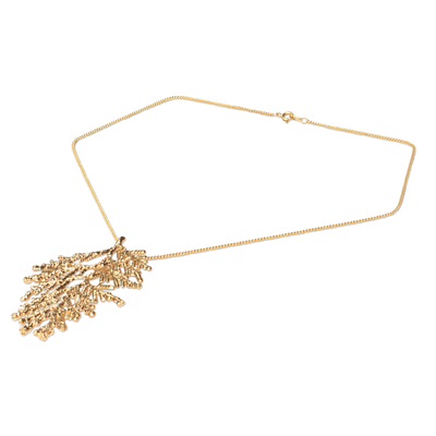 Natural leaf gold-plated pendant necklace, 'Cypress Honor' - Natural leaf gold-plated pendant necklace