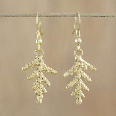 Natural leaf gold-plated dangle earrings, 'Cypress Honor' - Gold Plated Leaf Earrings
