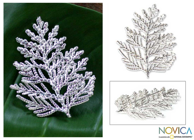 Natural leaf silver plated brooch pin pendant, 'Cypress Honor' - Fine Silver Plated Leaf Brooch Pin