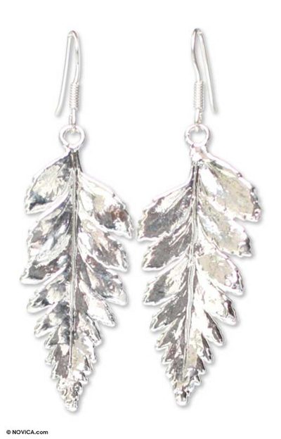 Natural leaf silver plated drop earrings, 'Fern Love' - Silver Plated Natural Leaf Earrings