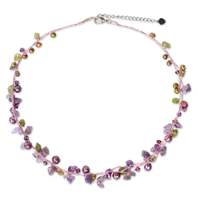Cultured pearl and amethyst strand necklace, 'Tropical Elite' - Amethyst and Peridot Necklace Handmade in Thailand