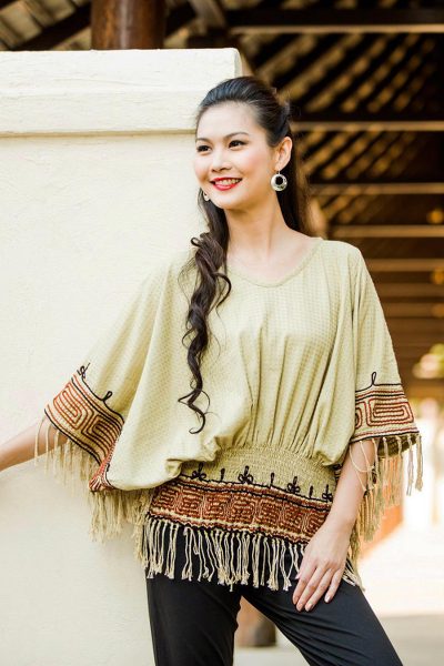 Cotton blouse, 'Hypnotic Beige' - Embroidered Cotton Blouse