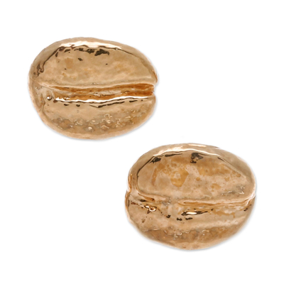 Pendientes de botón de grano de café natural bañado en oro - Pendientes de botón de grano de café natural bañado en oro