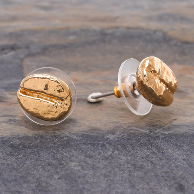 Gold plated natural coffee bean button earrings, 'Morning Sunshine' - Gold plated natural coffee bean button earrings