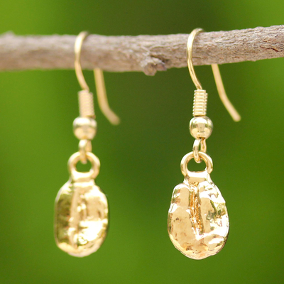 Gold plated natural coffee bean dangle earrings, 'Coffee Chic' - Unique Gold Plated Coffee Bean Dangle Earrings