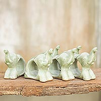 Celadon ceramic napkin rings, 'Elephant Hello' (set of 6) - Hand Made Celadon Ceramic Napkin Rings (Set of 6)