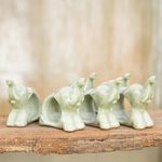 Celadon ceramic napkin rings, 'Elephant Hello' (set of 6) - Hand Made Celadon Ceramic Napkin Rings (Set of 6)