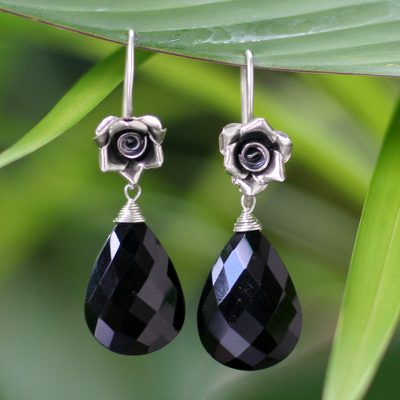 Onyx flower earrings, 'Roses' - Onyx and Silver Flower Earrings
