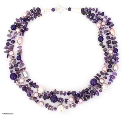 Pearl and amethyst strand necklace, 'Glorious' - Hand Crafted Silver and Amethyst Necklace