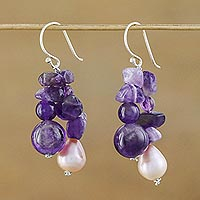 Pearl and amethyst cluster earrings, 'Glorious'