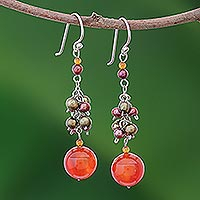 Pearl and carnelian cluster earrings, 'Celebration' - Pearl and Carnelian Cluster Earrings