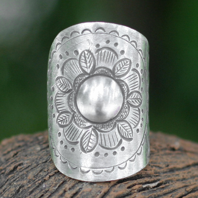 Sterling silver flower wrap ring, 'Majestic Sunflower' - Floral Sterling Silver Wrap Ring