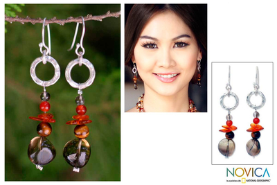Amber and tigers eye dangle earrings, Thai Exotic
