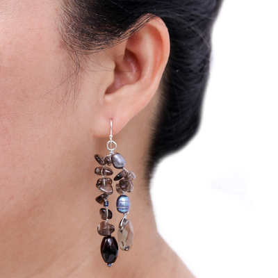 Cultured pearl waterfall earrings, 'Nocturnal Symphony' - Cultured Pearl and Sterling Silver Dangle Earrings
