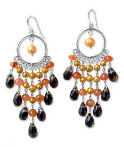 Pearl and carnelian chandelier earrings, 'Sun Ruffles' - Pearl and Carnelian Chandelier Earrings
