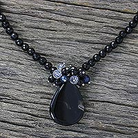 Black chalcedony and pearl pendant necklace, 'In Dreams' - Handcrafted Chalcedony Beaded Pendant Necklace