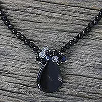 Black chalcedony and pearl pendant necklace, 'In Dreams' - Hand Crafted Beaded Chalcedony Necklace from Thailand