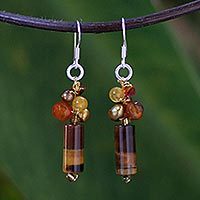 Pearl and tiger's eye dangle earrings, 'Insightful' - Unique Tiger's Eye Dangle Earrings