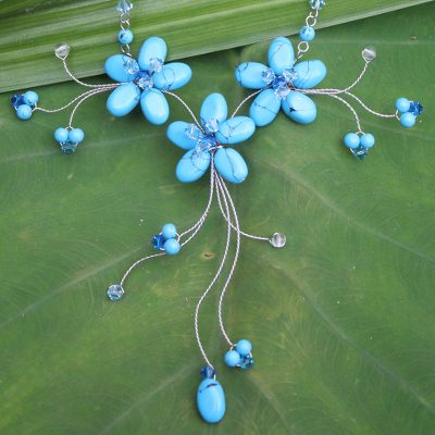 Flower necklace, 'Blue Floral Cascade' - Hand Crafted Turquoise coloured Necklace