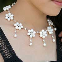 Pearl choker, 'White Jasmine' - Unique Floral Pearl Necklace